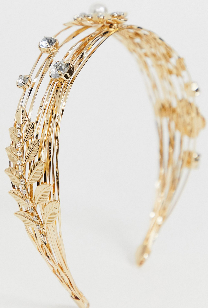Asos Crown Headband with Pearl Crystal and Leaf Embellishment
