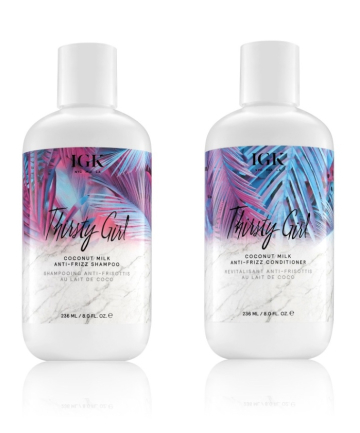 Frizzy and Dry Hair: IGK Thirsty Girl Anti-Frizz Shampoo and Conditioner, $25 each 