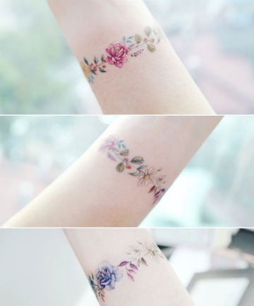 Floral bracelet done at High Tension Tattoo  Tattoogridnet