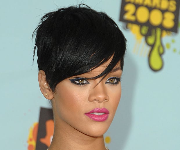 Hairstyles for Big Foreheads: Super Short Side Strands with Bangs on Rihanna